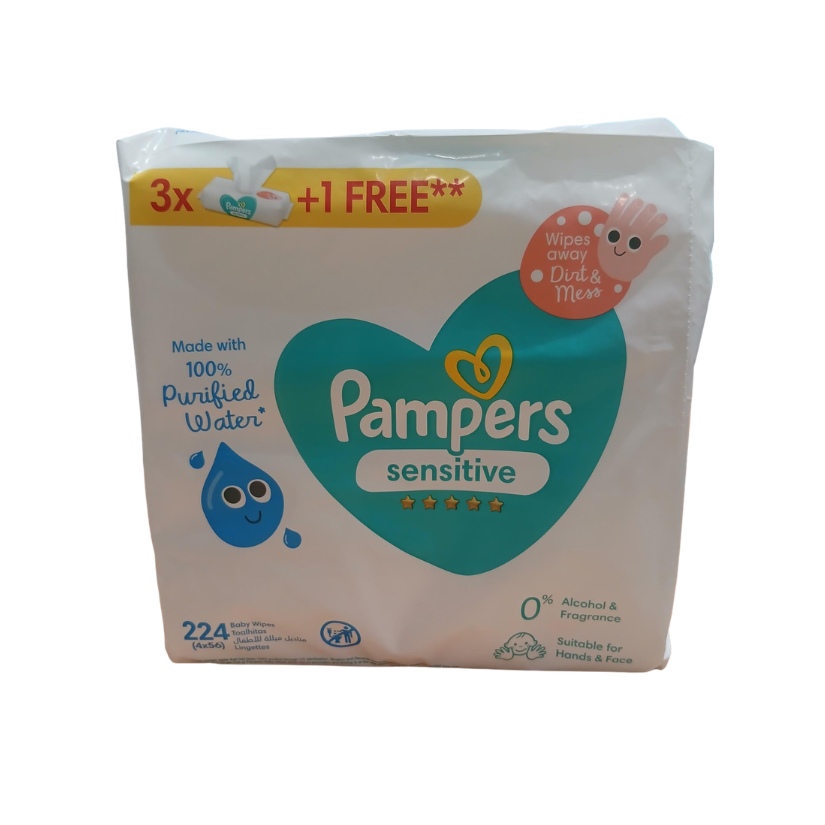 Pampers Sensitive Baby Wipes,  4 x 56 Wipes
